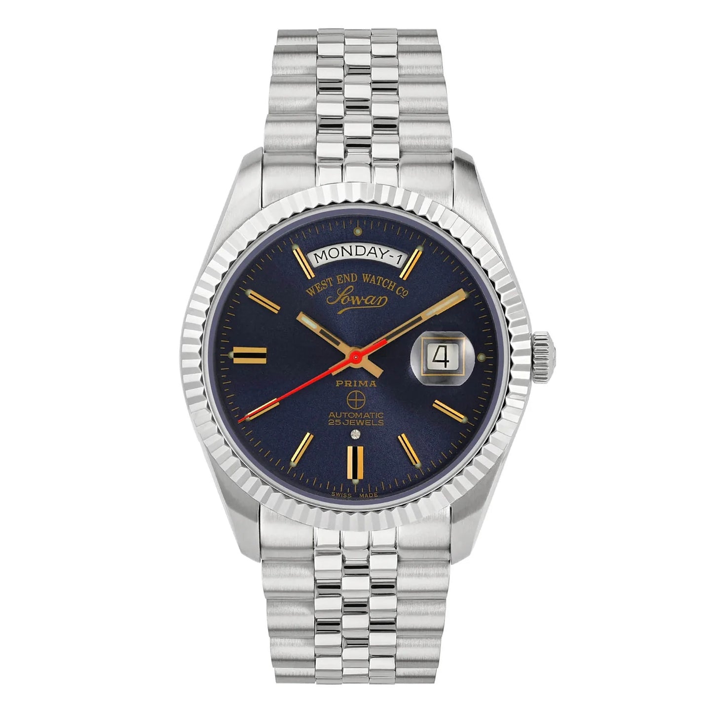Blue | Silver watch with a blue face on a white background
Salam Luxury UAE
