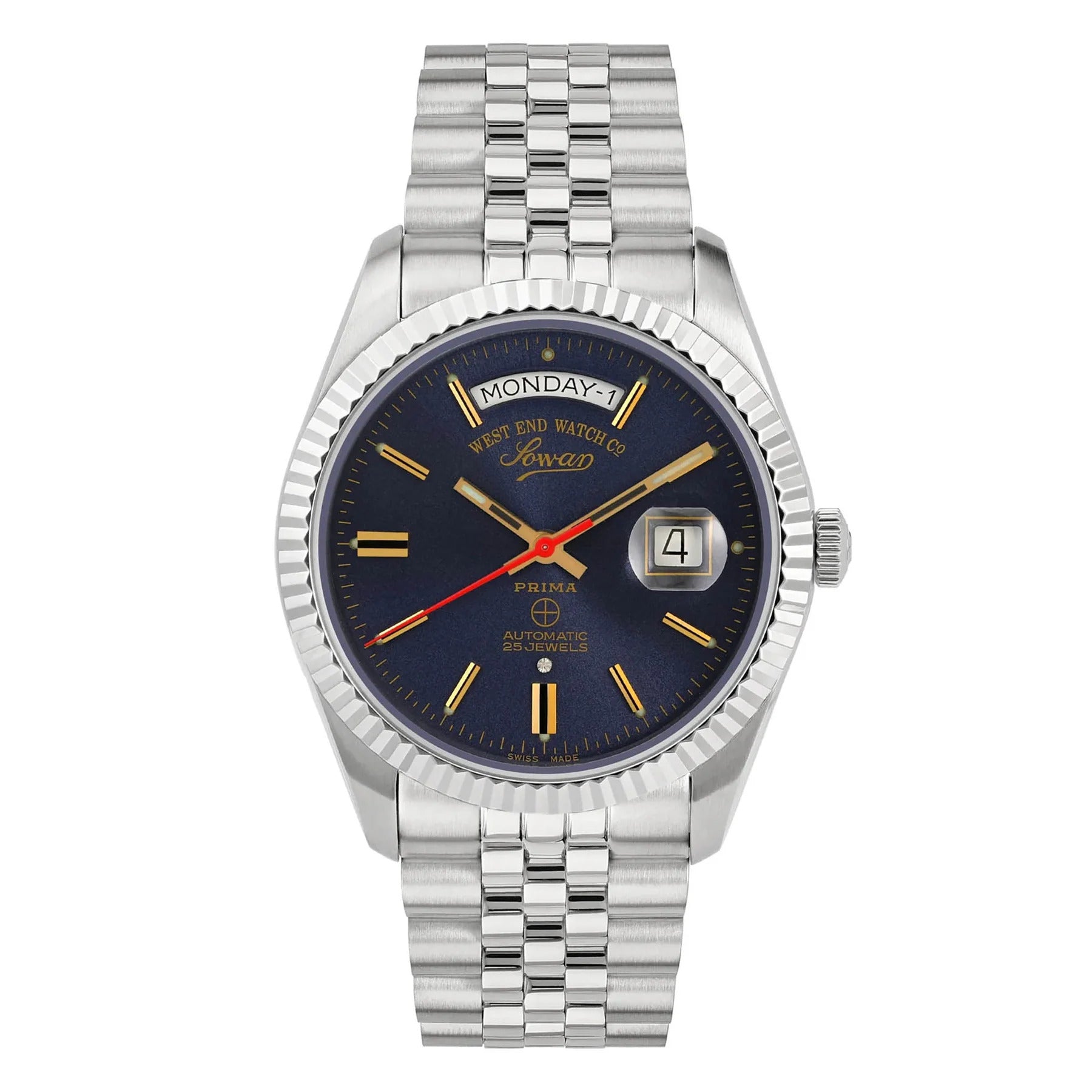 Blue | Silver watch with a blue face on a white background
Salam Luxury UAE
