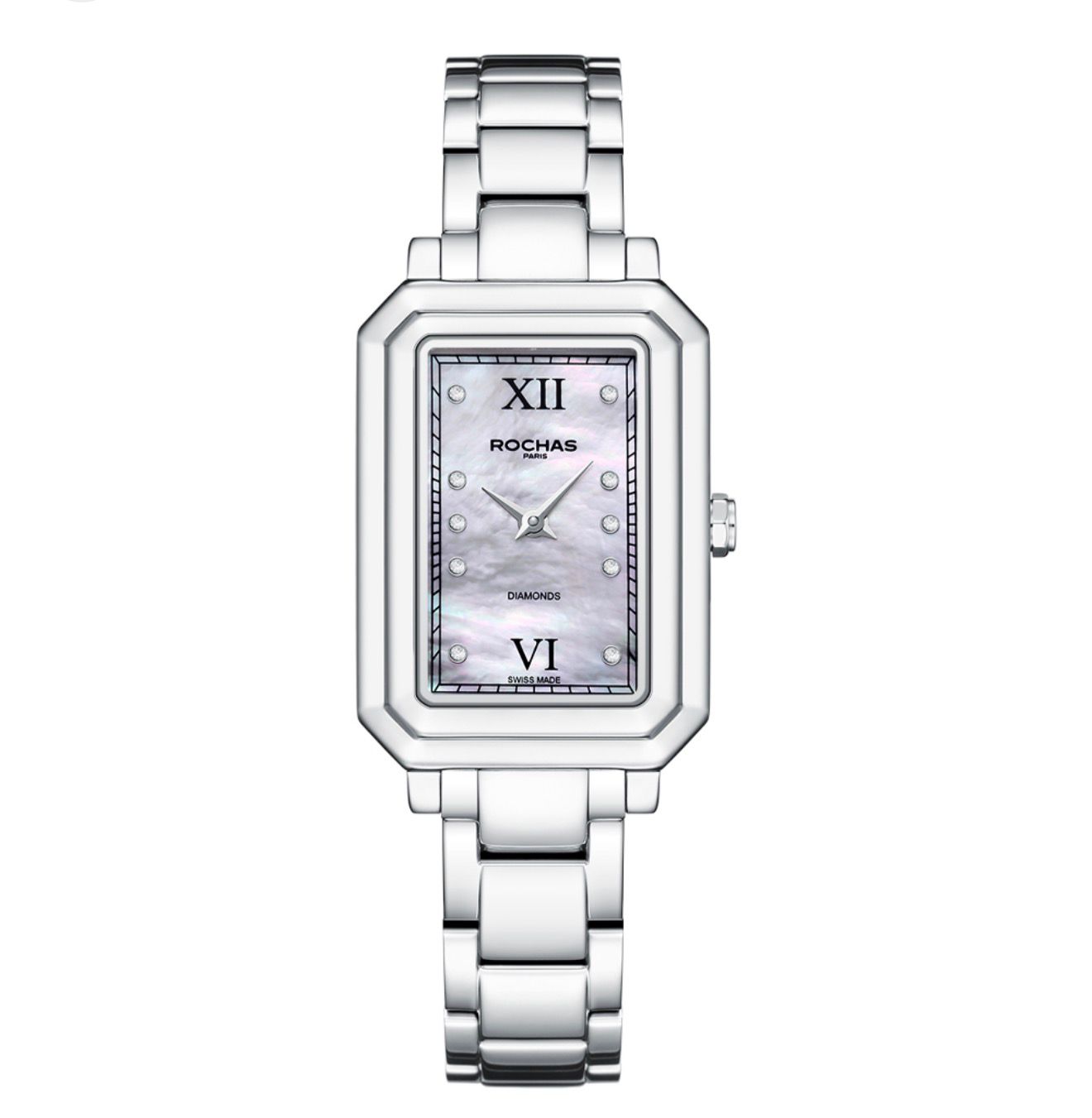 Silver watch with a rectangular face on a white background
Salam Luxury