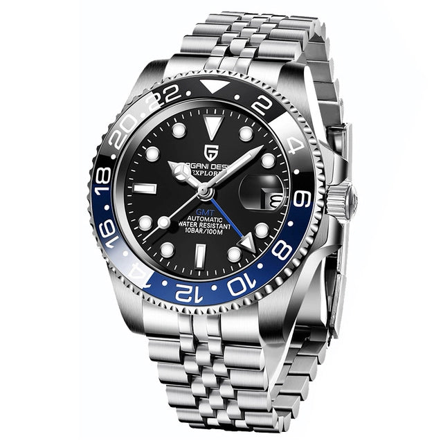 Silver watch with black and blue face on a white background
Salam Luxury