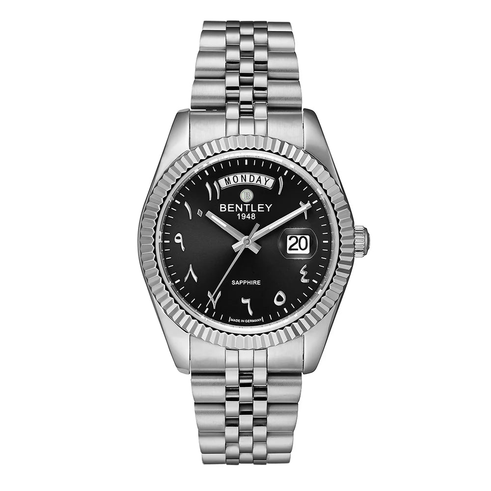 Black | Silver Bentley watch with black dial on a white background