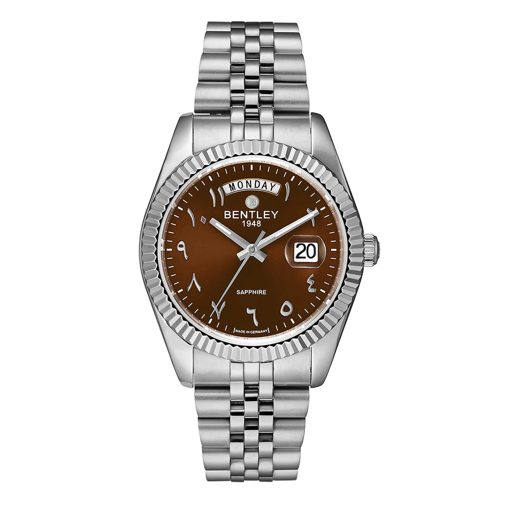 Choclate | Silver Bentley watch with a brown dial on a white background
Salam Luxury
