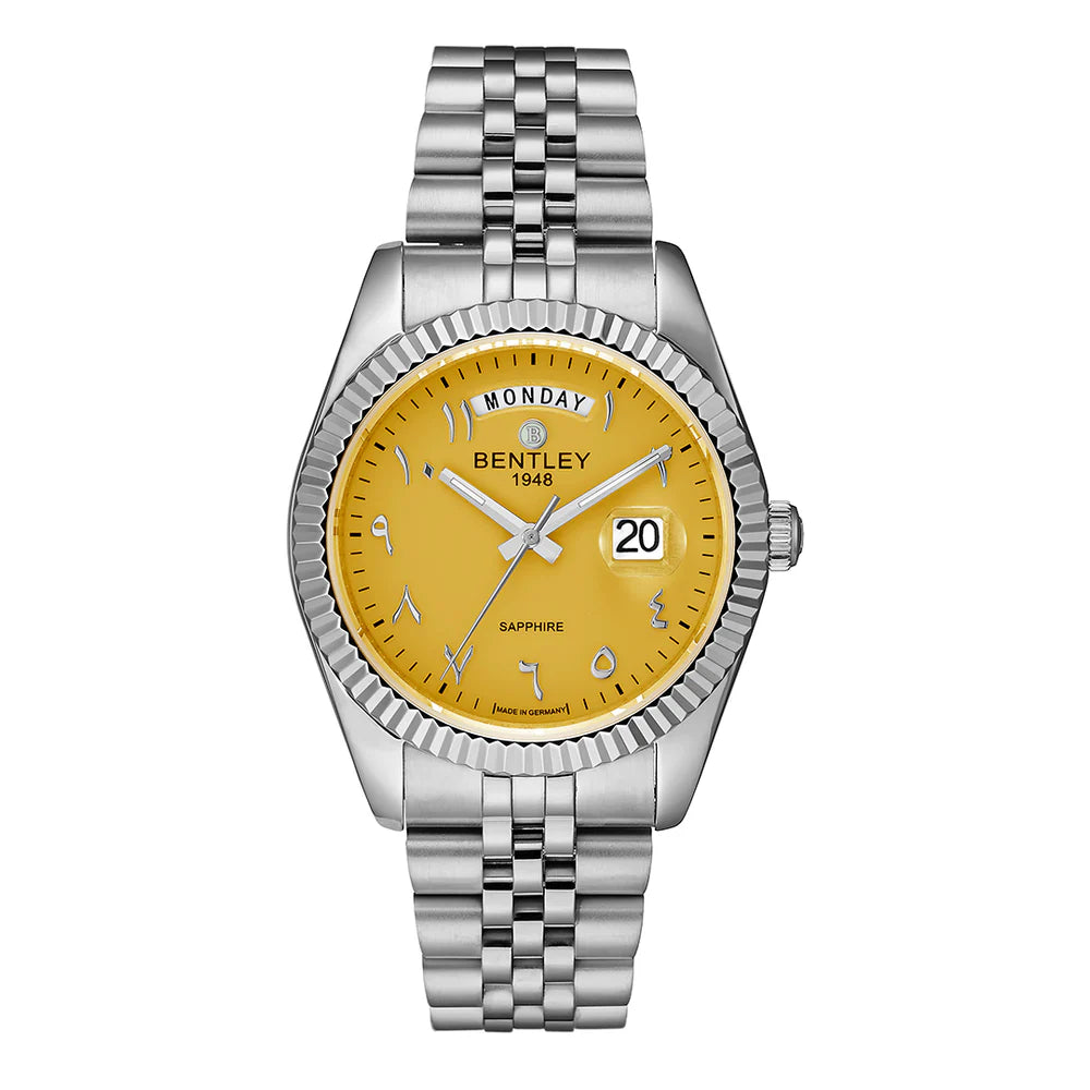 Yellow | Silver watch with a yellow face on a white background