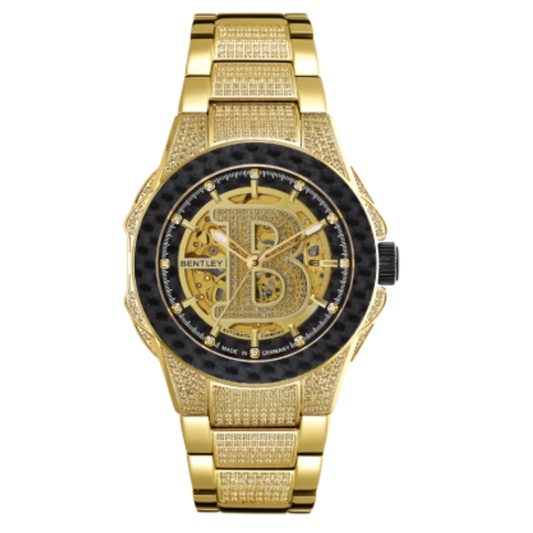 Gold Bentley watch with black face on a white background
Salam Luxury