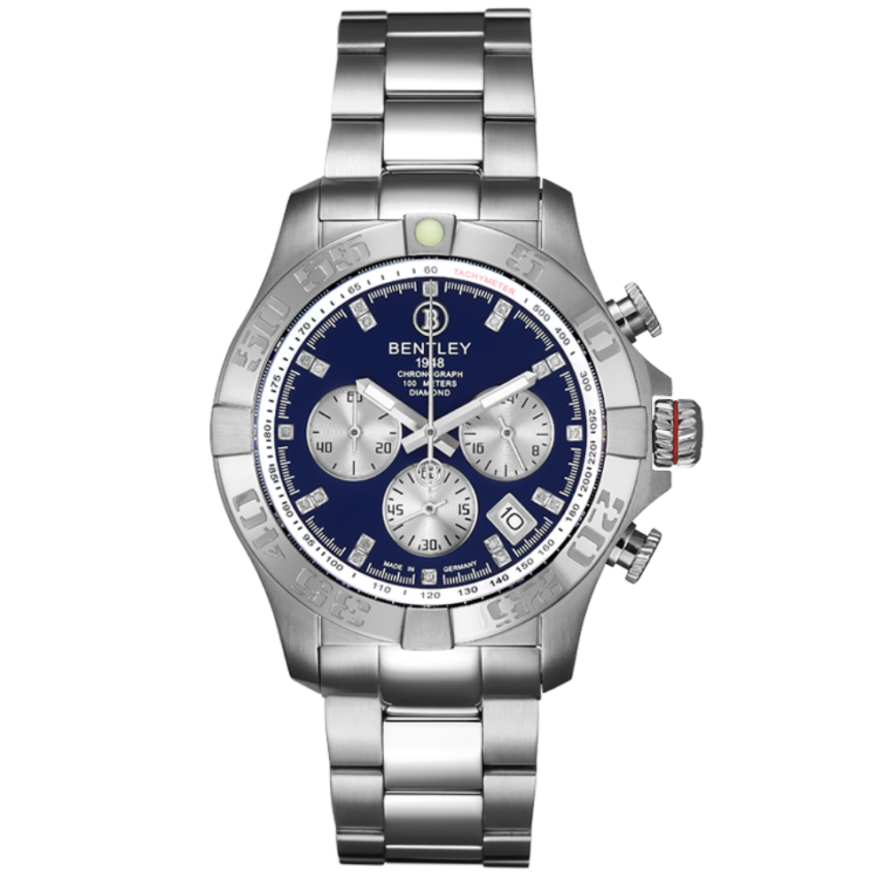 Blue | Silver Bentley watch with a blue face on a white background
Salam Luxury