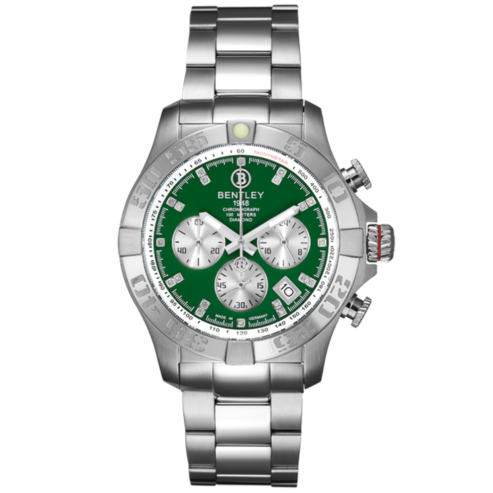 Green | Silver Bentley watch with a green face on a white background
Salam Luxury