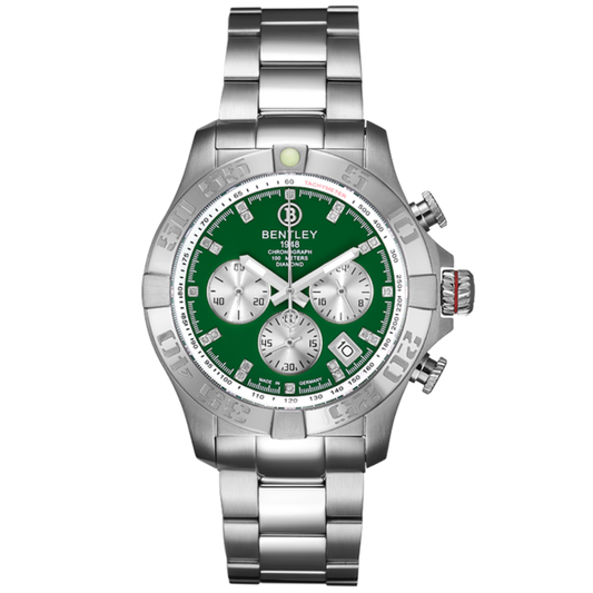 Green | Silver Bentley watch with a green face on a white background
Salam Luxury