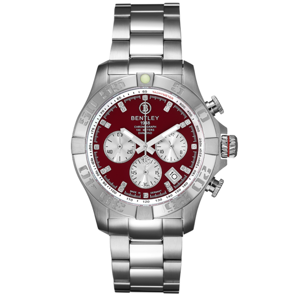 Maroon | Silver Bentley watch with a red face on a white background

Salam Luxury