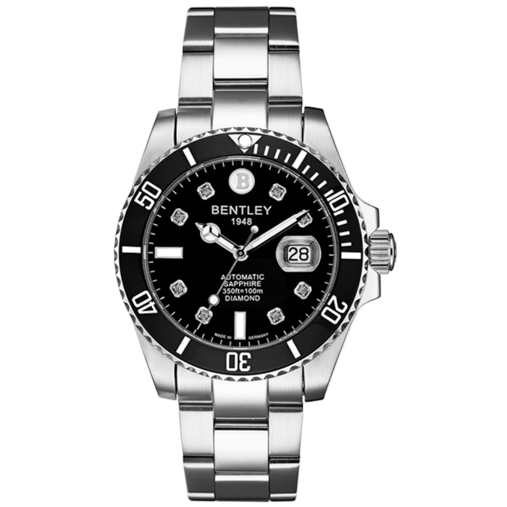 Black | Bentley watch with black dial and silver bracelet on a white background