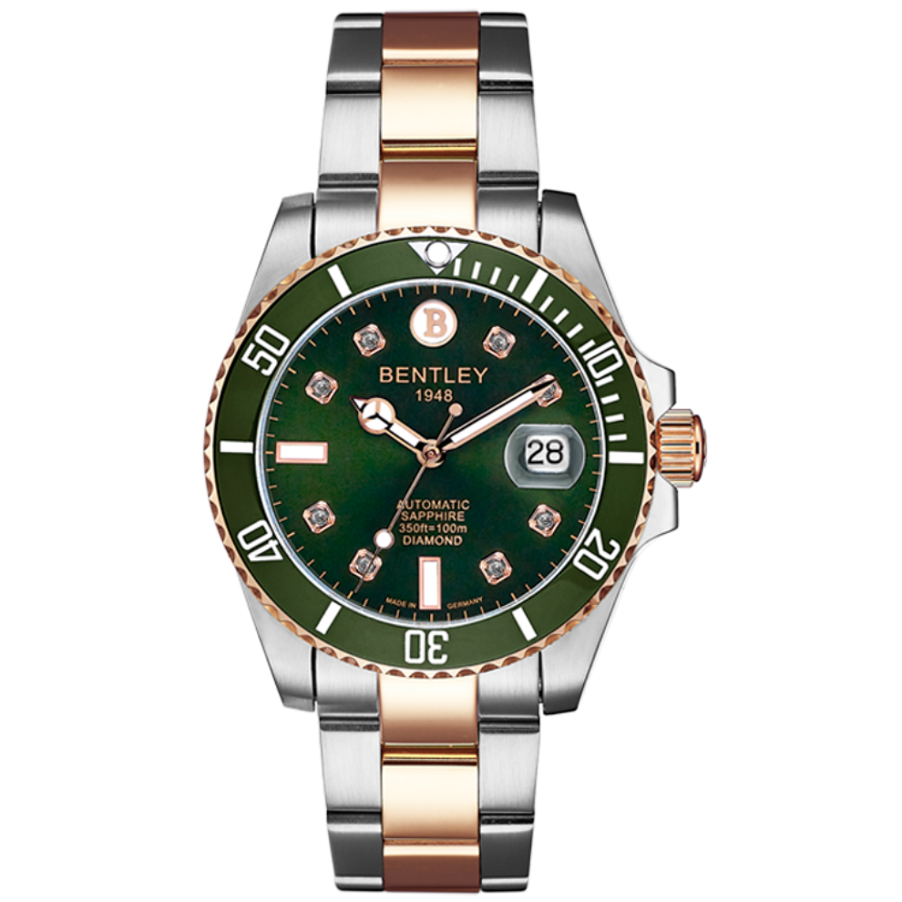 Green & Rose Gold |Bentley watch with green dial and rose gold accents on a white background
Salam Luxury 