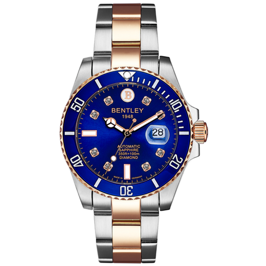 Blue & Rose Gold | Bentley watch with blue dial and rose gold accents on a white background
salam-luxury