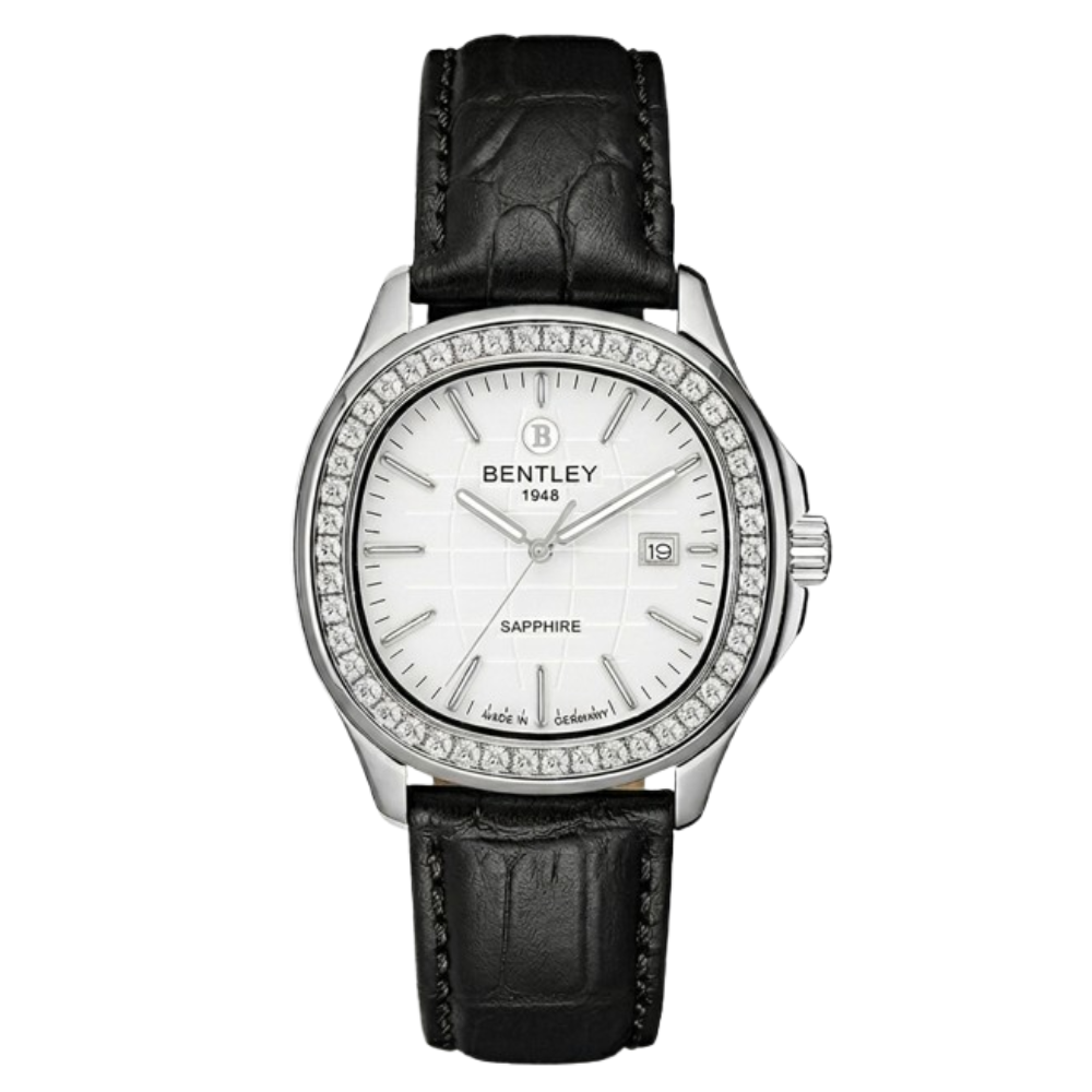 Bentley watch with black leather strap and silver case on white background
Salam Luxury