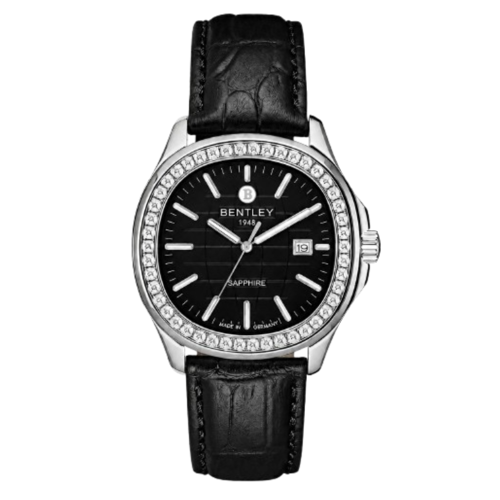 Bentley watch with black leather strap and black dial on a white background
Salam Luxury 