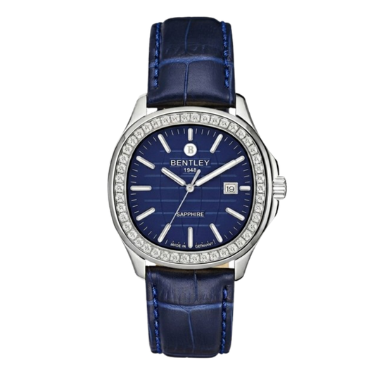 Bentley watch with blue strap and blue dial on a white background
Salam Luxury