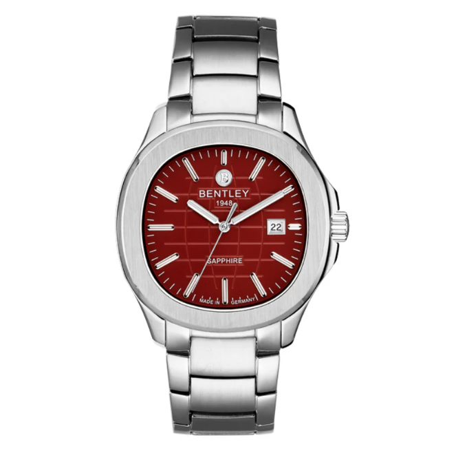 Bentley watch with red face and silver metal strap on white background
Salam Luxury
