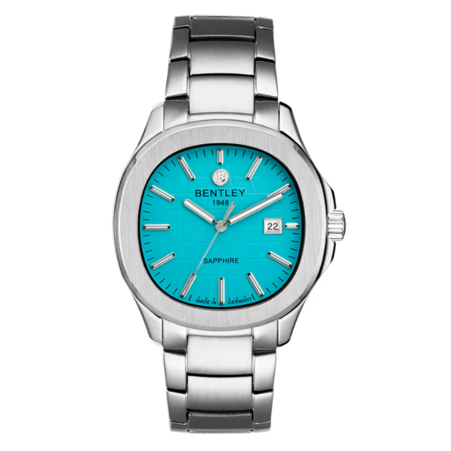 Silver watch with a turquoise dial on a white background
Salam Luxury