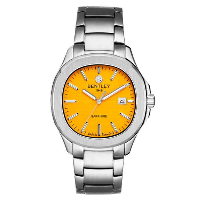 Silver watch with a yellow face on a white background
Salam Luxury