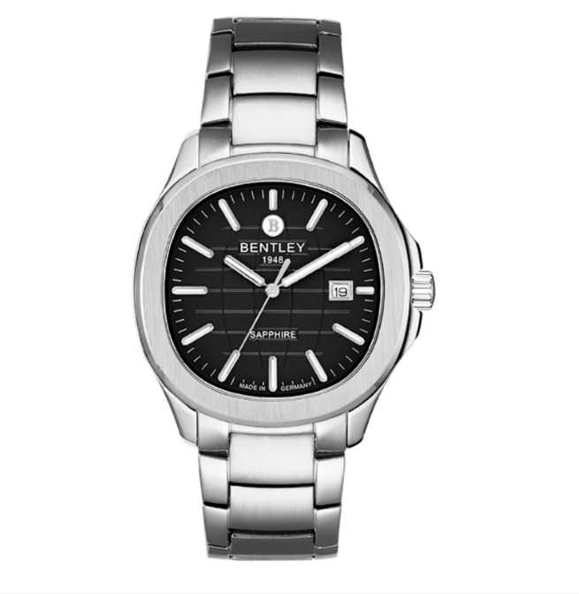 Silver Bentley watch with black dial on a white background
Salam Luxury