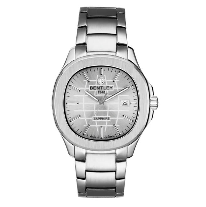 Silver Bentley watch with a white face on a white background
Salam Luxury