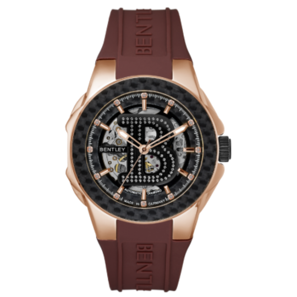 Watch with brown strap and rose gold case on white background
Salam Luxury 