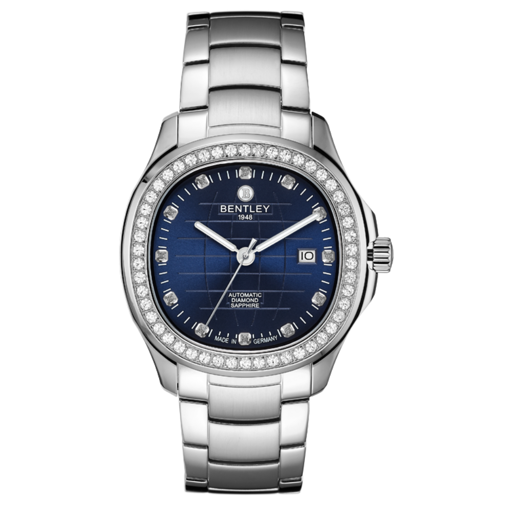 Blue | Silver Bentley watch with a blue face and diamond accents on a white background
Salam Luxury