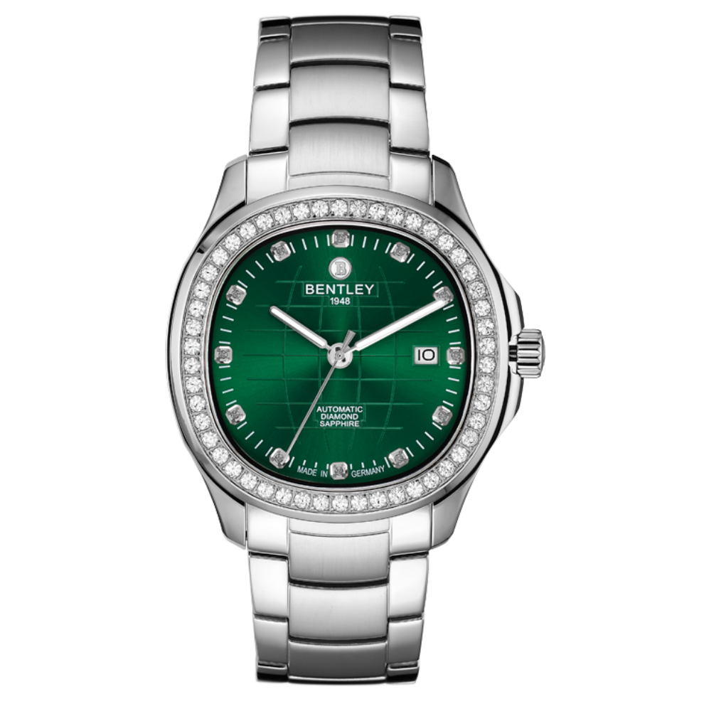 Green | Bentley watch with green face and silver bracelet on white background
Salam Luxury 