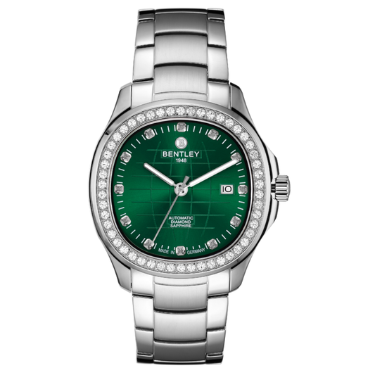 Green | Bentley watch with green face and silver bracelet on white background
Salam Luxury 