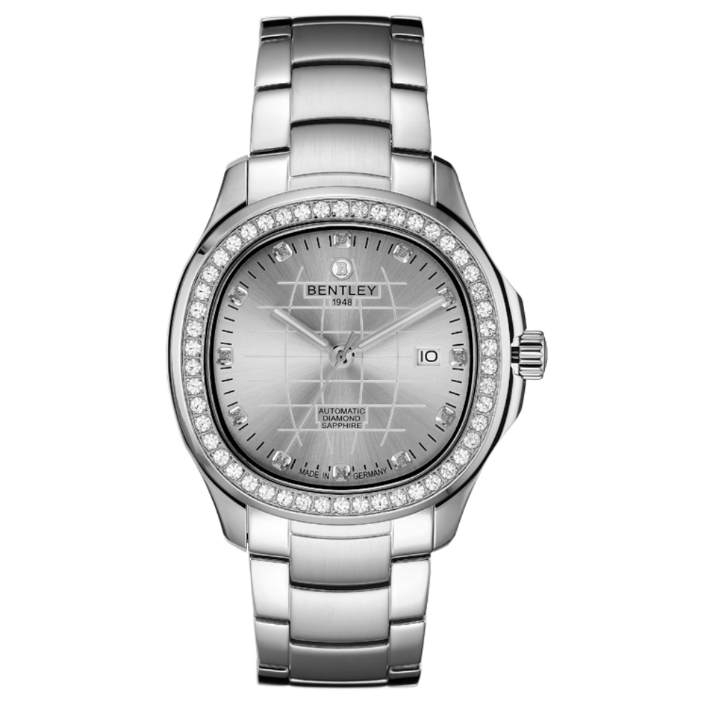 Silver | Silver Bentley watch with diamond-studded bezel on a white background
Salam Luxury