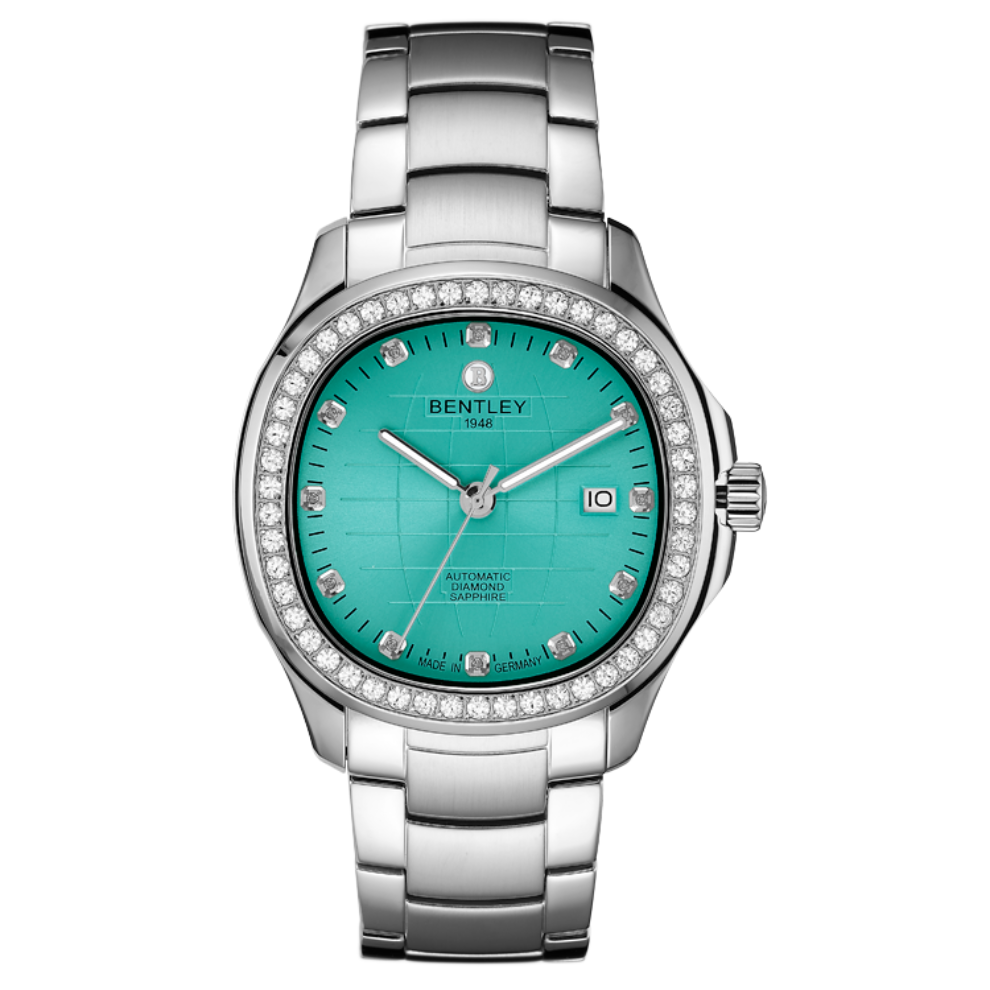 Tiffany | Bentley watch with turquoise dial and silver bracelet on a white background
Salam Luxury