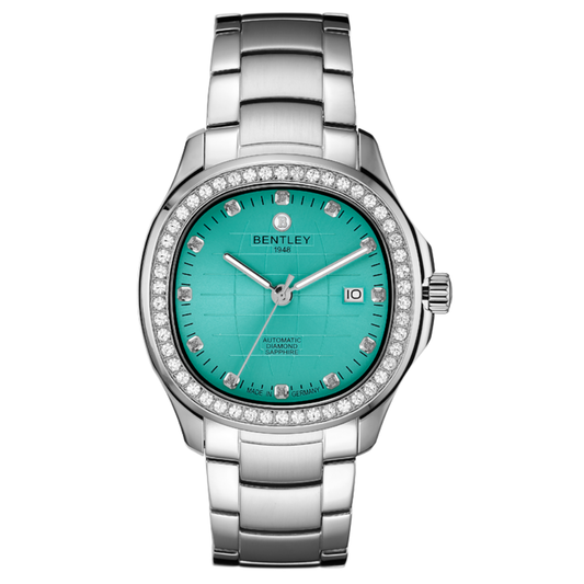 Tiffany | Bentley watch with turquoise dial and silver bracelet on a white background
Salam Luxury