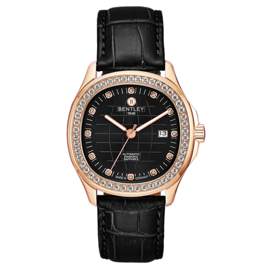 Black | Bentley watch with black leather strap and rose gold case on a white background
Salam Luxury