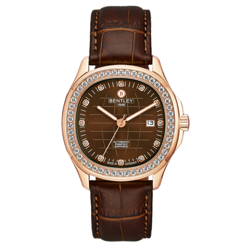 Brown | Bentley watch with brown leather strap and rose gold case on white background
Salam Luxury