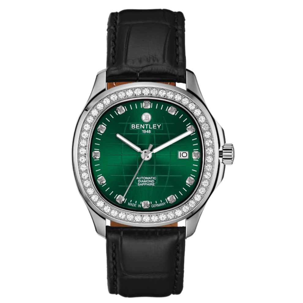 Green | Bentley watch with green face and black leather strap on white background
Salam Luxury