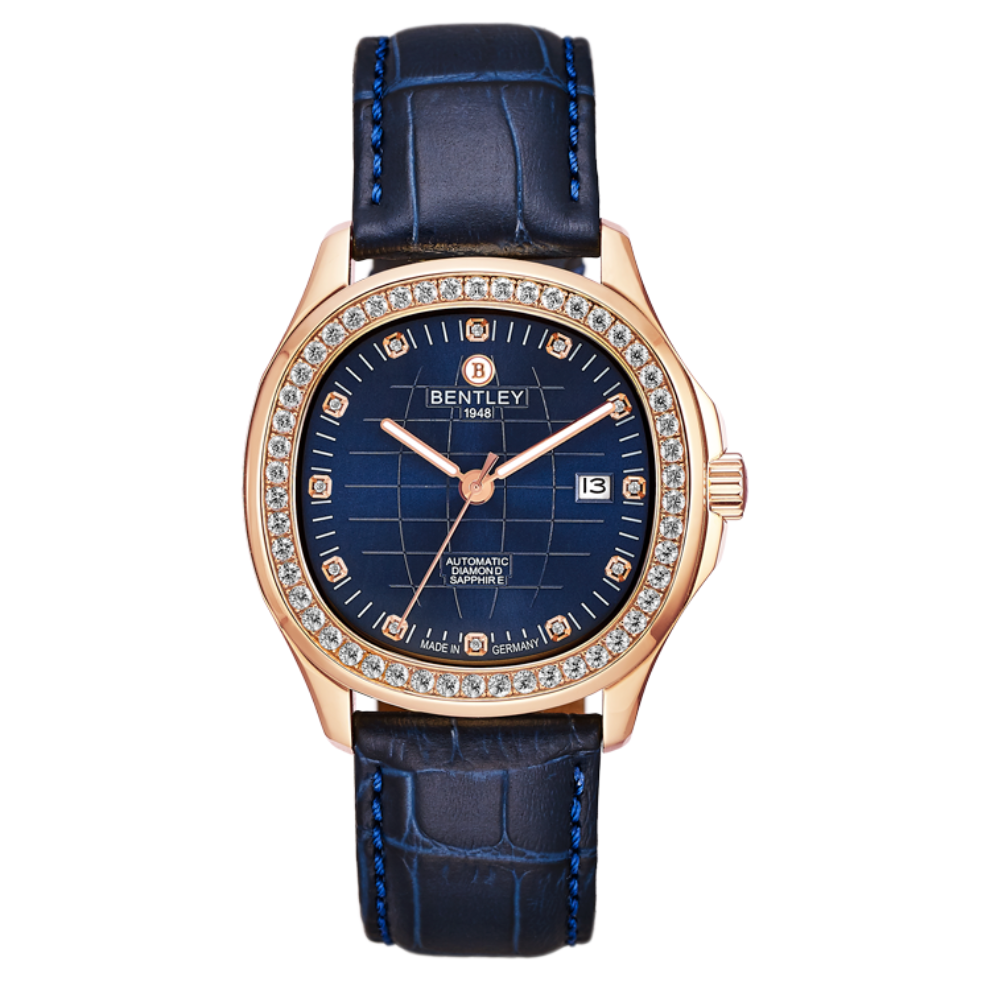 Blue & Rose Gold | Bentley watch with blue strap and rose gold case on white background
Salam Luxury