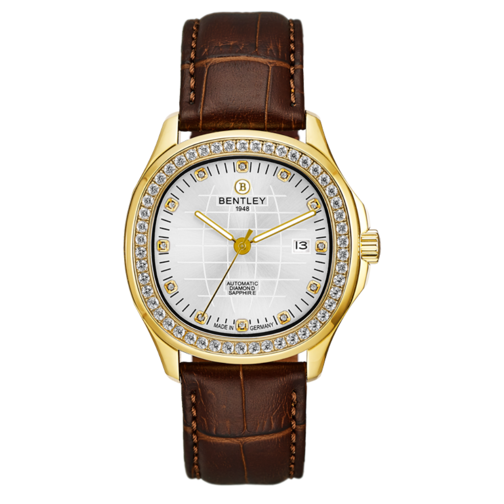 white & gold | Bentley watch with gold case, brown leather strap, and diamond-studded face on a white background
Salam Luxury