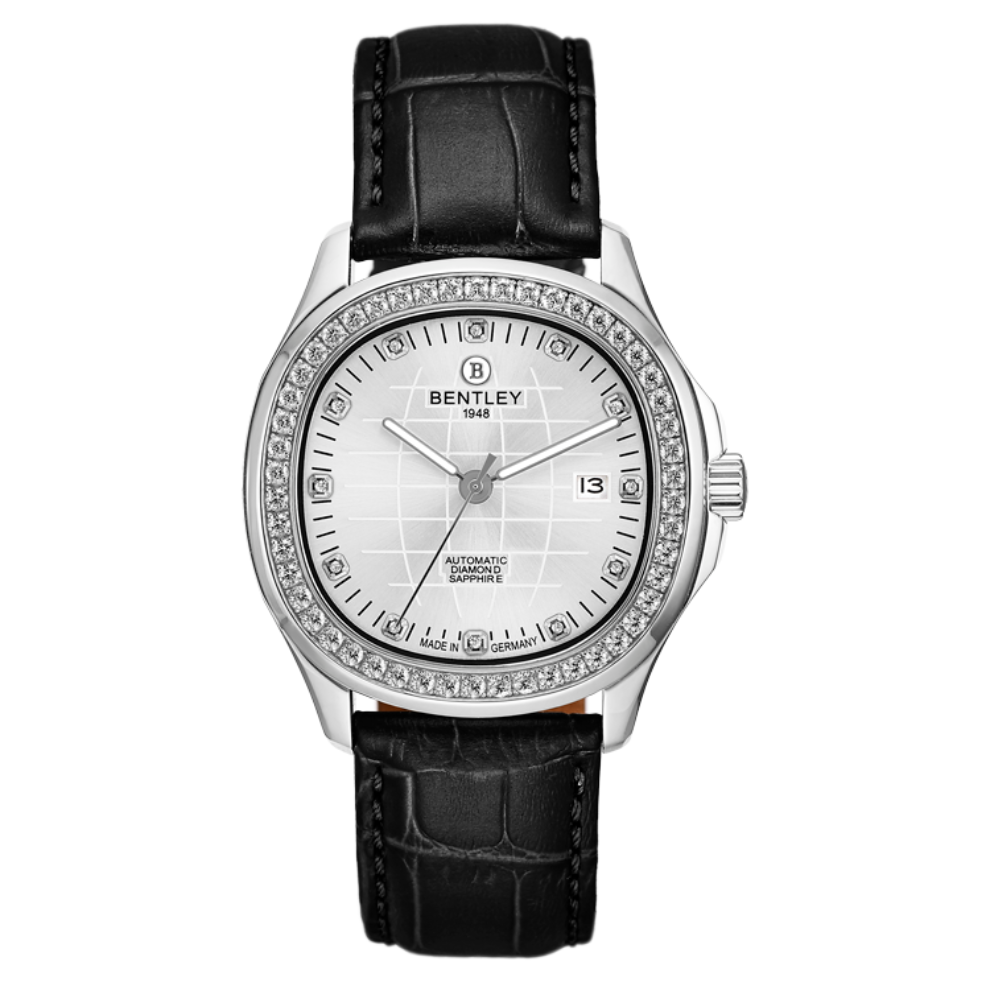 White | Bentley watch with black leather strap and diamond-studded face on a white background
Salam Luxury