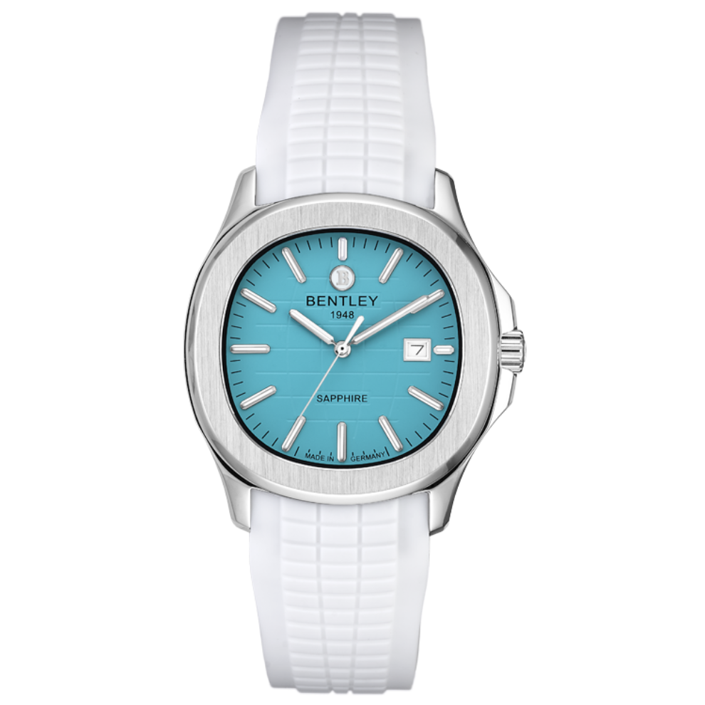 White | Bentley watch with blue dial and white strap on a white background
Salam Luxury