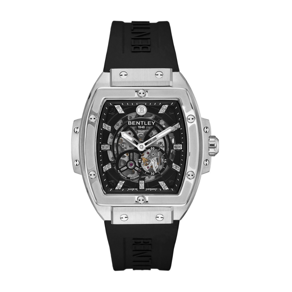 Black | Bentley watch with black strap and transparent face on a white background
Salam Luxury