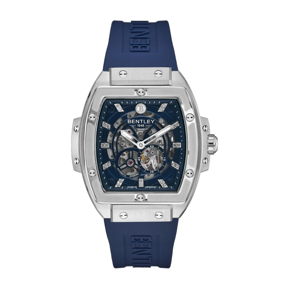 Navy | Bentley watch with blue strap and silver case on a white background
Salam luxury UAE