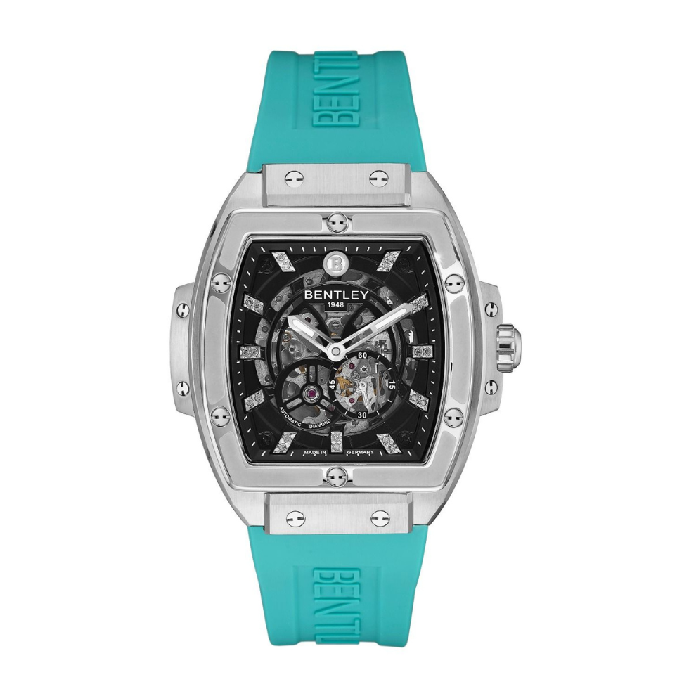 Tiffany & black | Luxury watch with turquoise strap and silver case on a white background
Salam luxury