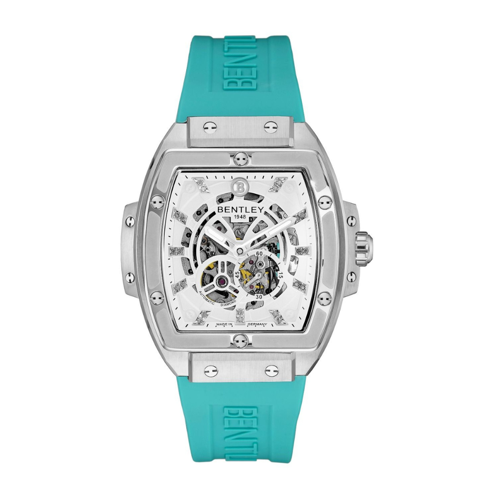 Tiffany & white | Bentley watch with turquoise strap and transparent face on a white background
Salam luxury