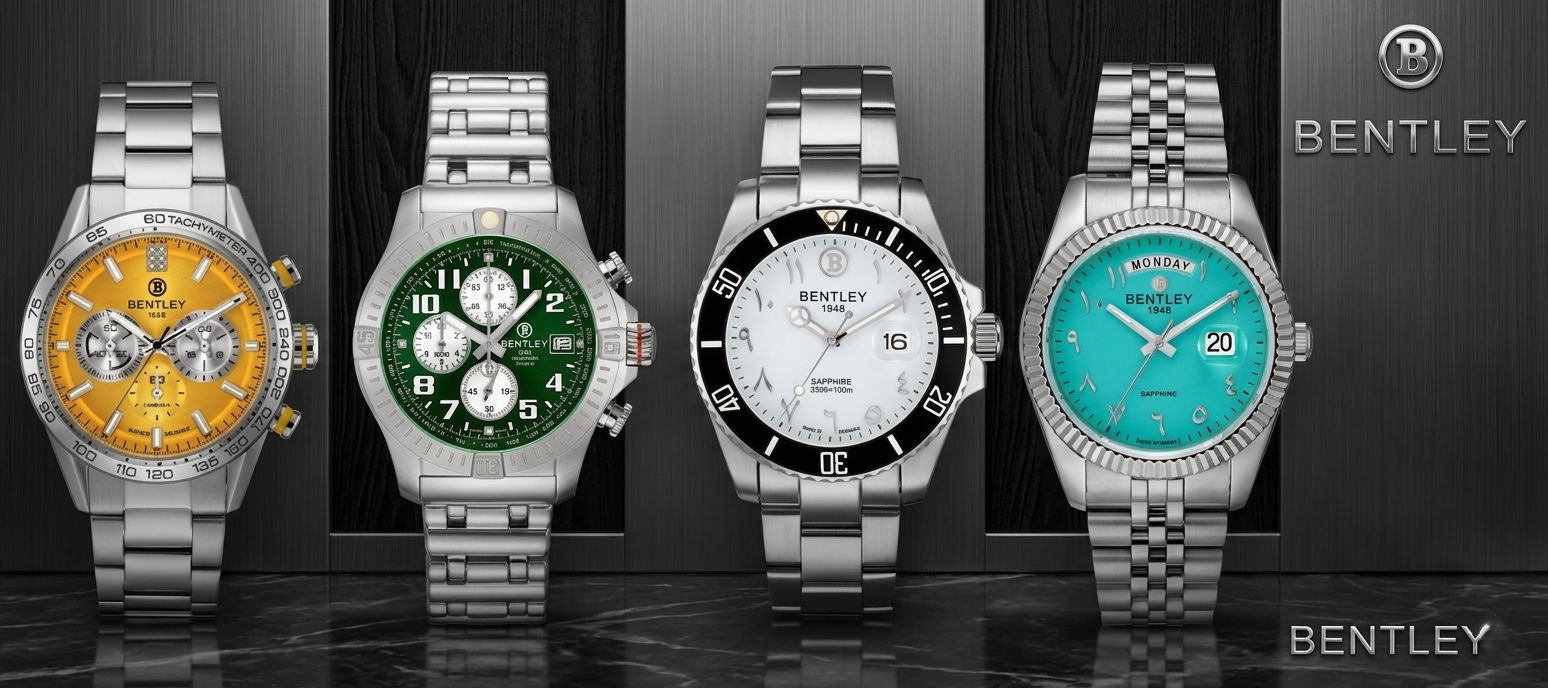 Four Bentley watches with different colored faces on a dark background
Salam Luxury UAE