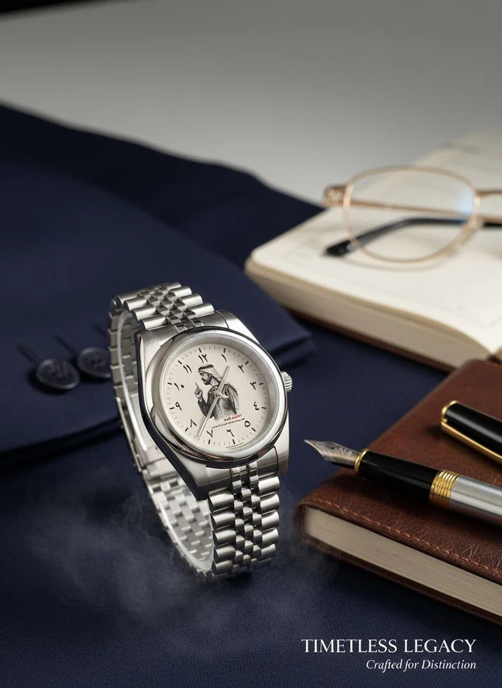 MBZ - Silver watch on a dark surface with a notebook and pen, featuring 'Timless Legacy' branding. Salam luxury