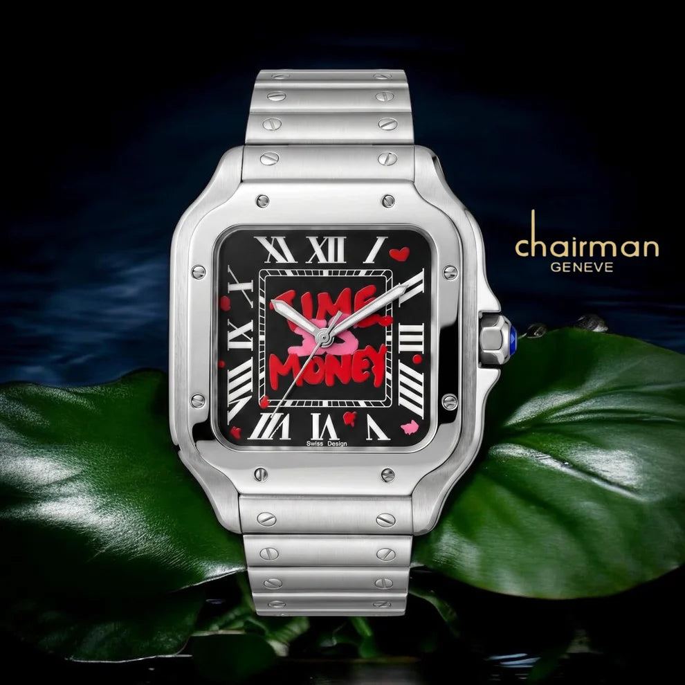 Black | Silver watch with a unique face design on a dark background with leaves
Salam Luxury