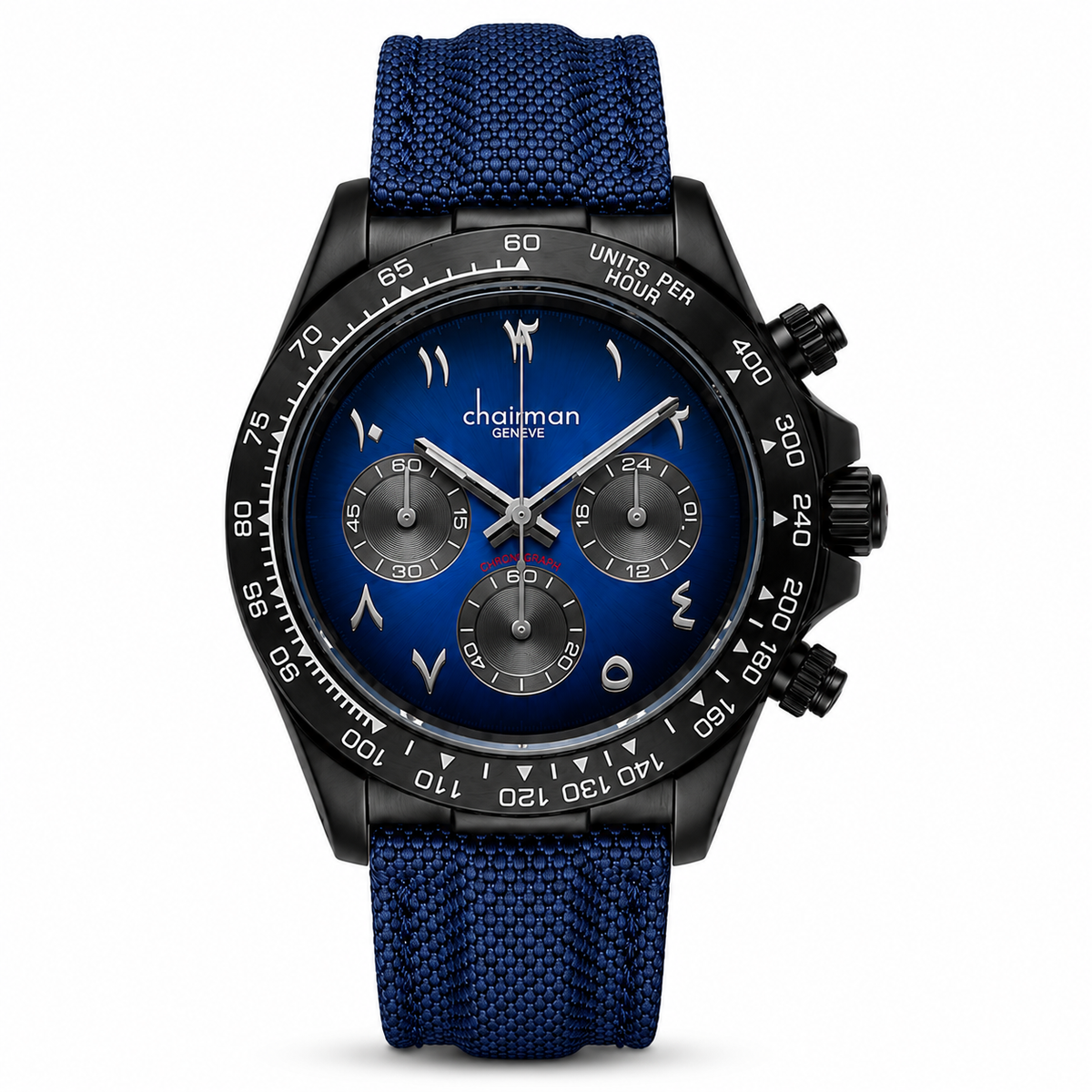 Blue | A wristwatch with a textured blue fabric strap, a black case, and a blue dial featuring white Arabic numerals and subdials. The brand name 'chairman' is visible on the dial.