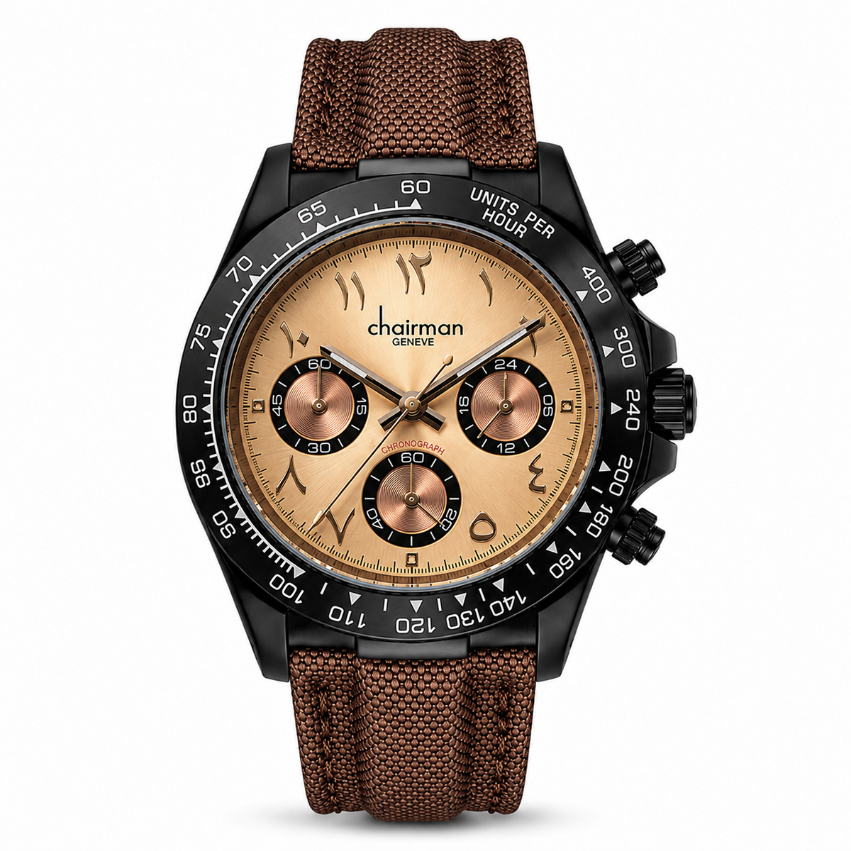 Brown | A wristwatch with a black case, a tan dial, and a brown woven fabric strap, photographed on a clean white background.