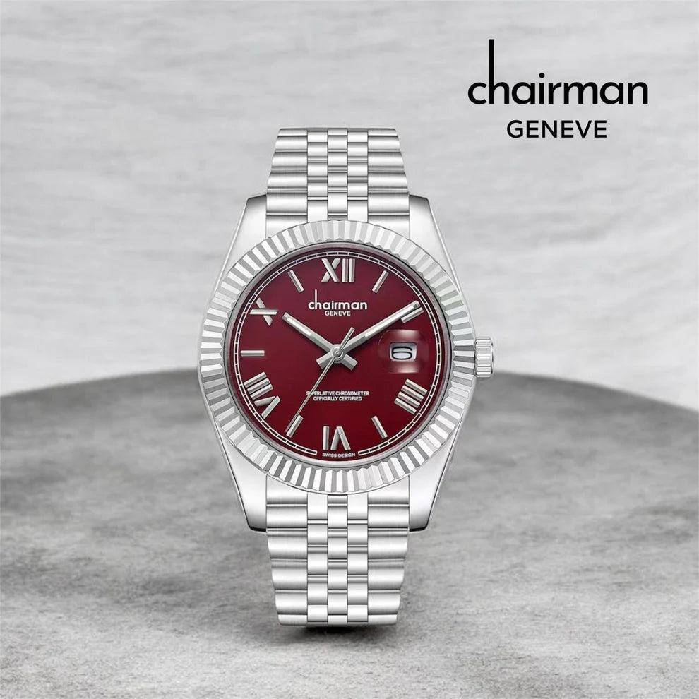 Silver watch with a red face on a gray surface, featuring the Chairman Geneve brand.
Salam Luxury