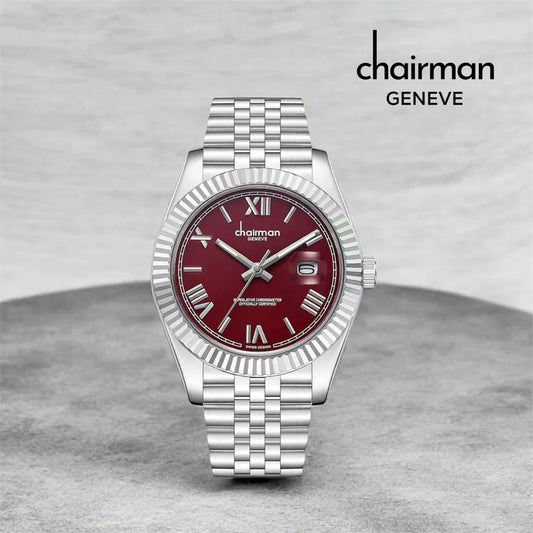 Silver watch with a red face on a gray surface, featuring the Chairman Geneve brand.
Salam Luxury