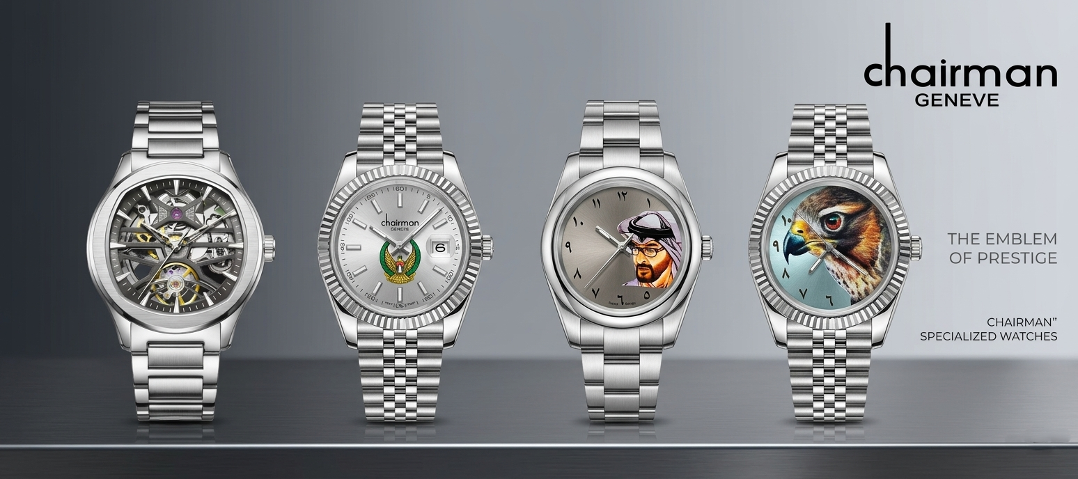 Four silver watches with different face designs on a dark background, featuring the Chairman Geneve brand.
Salam luxury UAE