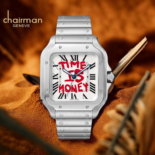 White | Chairman Geneve watch with 'Time is Money' text on a textured surface
Salam Luxury